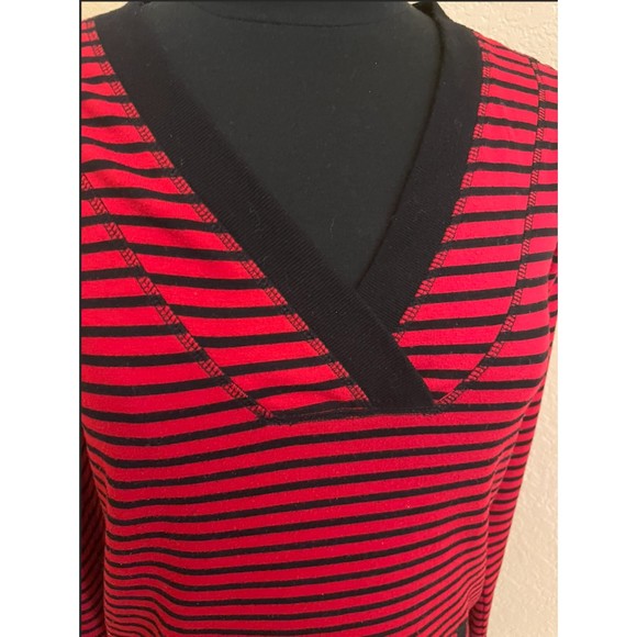 Liz Claiborne Weekend - Red and Black Striped Long Sleeve V Neck Top -Sz S - Picture 2 of 8